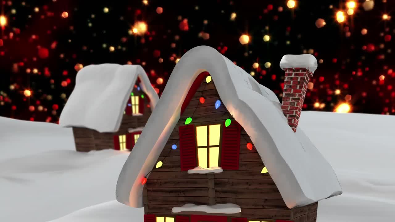 Multiple houses on winter landscape against red spots of light floating ...