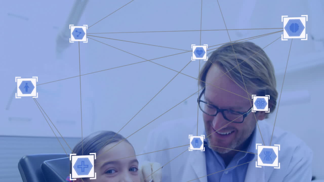 Medical icons and network connections animation over doctor and child in clinic