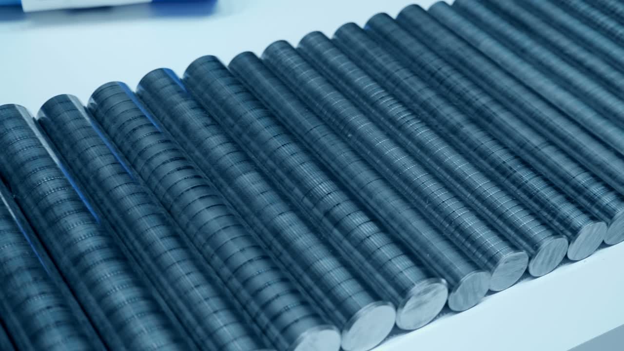 una gran cantidad de barras metálicas de diferentes diámetros como espacios en blanco ásperos para futuras piezas