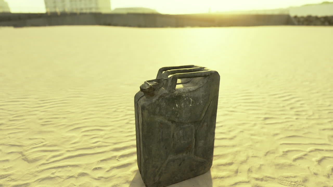 Canister rests on sandy surface under golden sunset glow