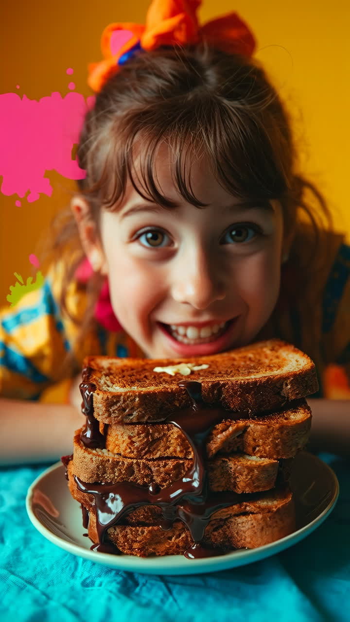 Happy girl with a stack of chocolate toast