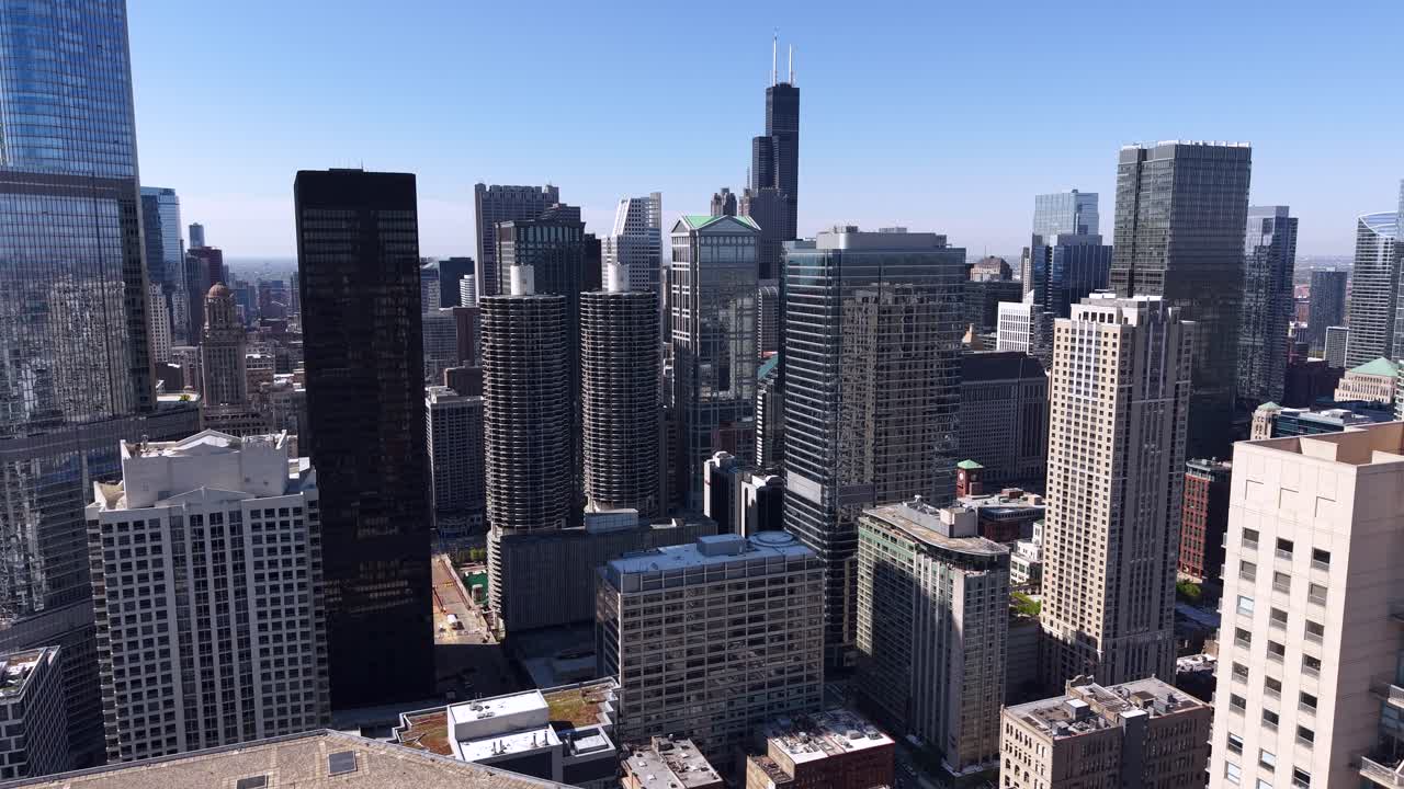 Chicago USA Downtown Skyline, Drone Shot of Towers and Skyscrapers on Sunny Day