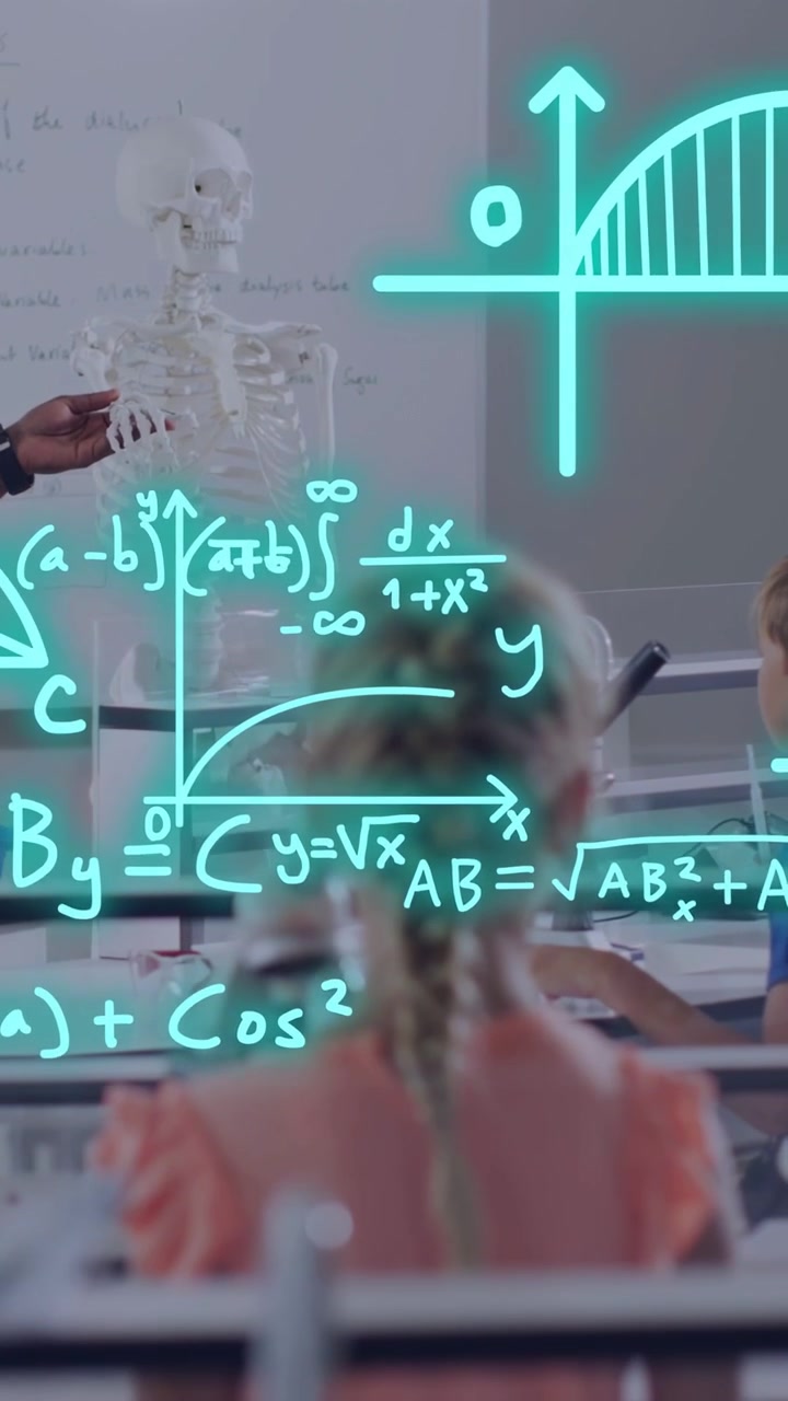 Vertical video: Braided girl sitting, teacher pointing skeleton starting graphs, teaching science