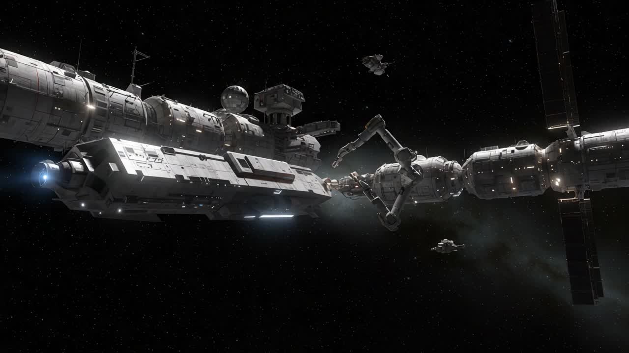 Futuristic Spacecraft Engaged in Docking Maneuver Amidst the Vastness of Space, Showcasing Advanced Technology and Intricate Machinery in an Alien Environment