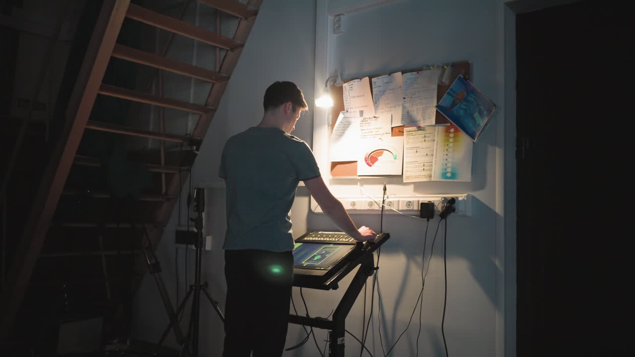 Man operates touchscreen control panel under staircase in dimly lit studio environment, focusing on broadcast interface while notes, diagrams, and light source hang above desk area in organized technical workspace