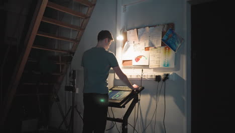 man operates touchscreen control panel under staircase in dimly lit studio environment, focusing on broadcast interface while notes, diagrams, and light source hang above desk area in organized technical workspace