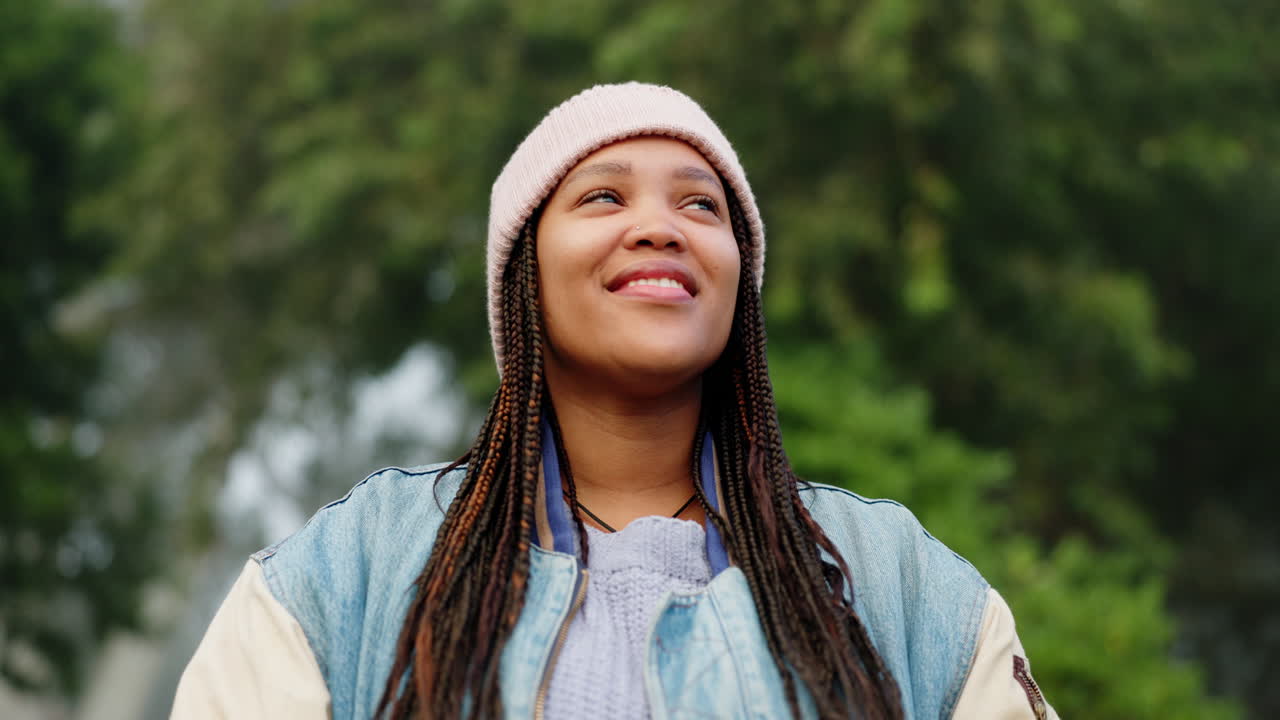 Woman with smile, nature and forest camping