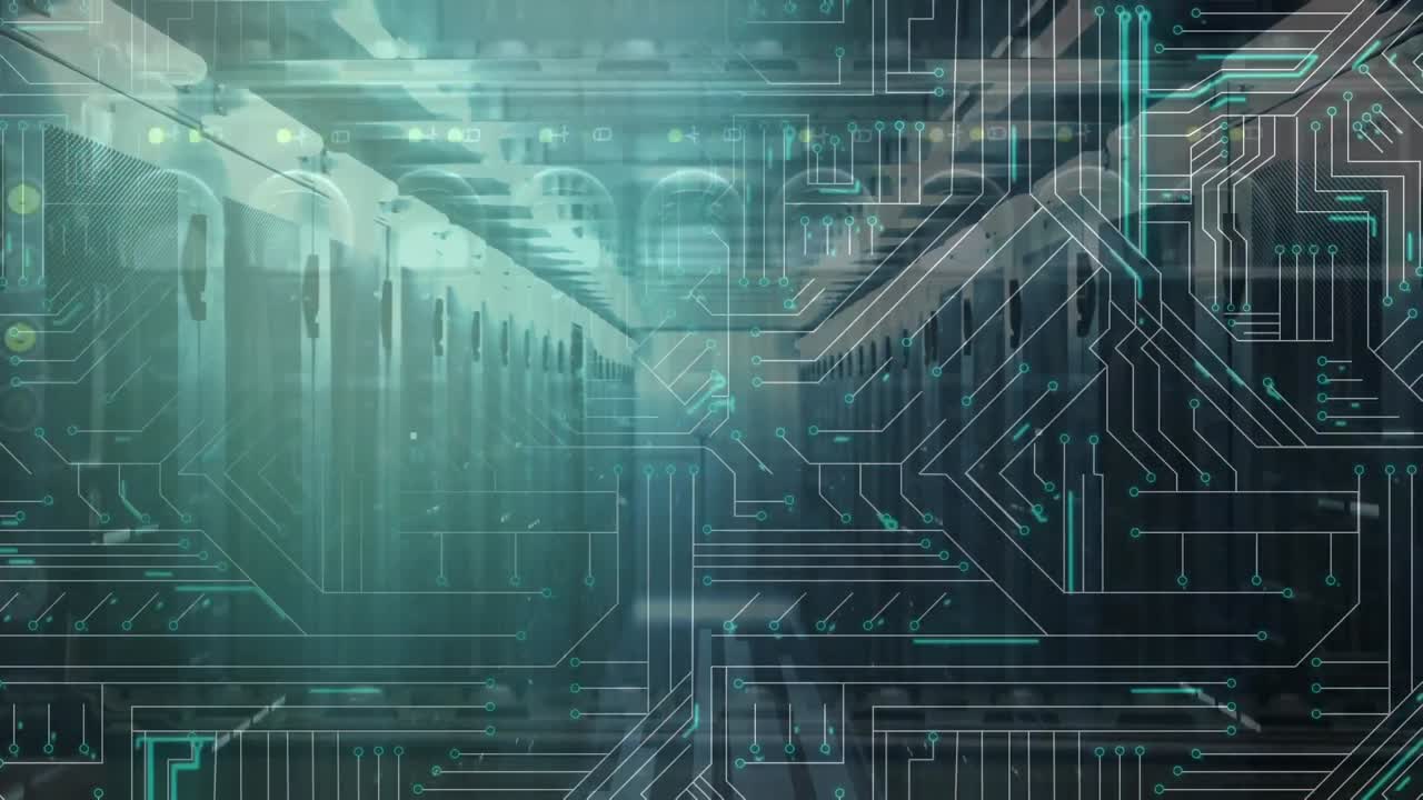 Animation of lines moving in circuit board pattern against server room in background