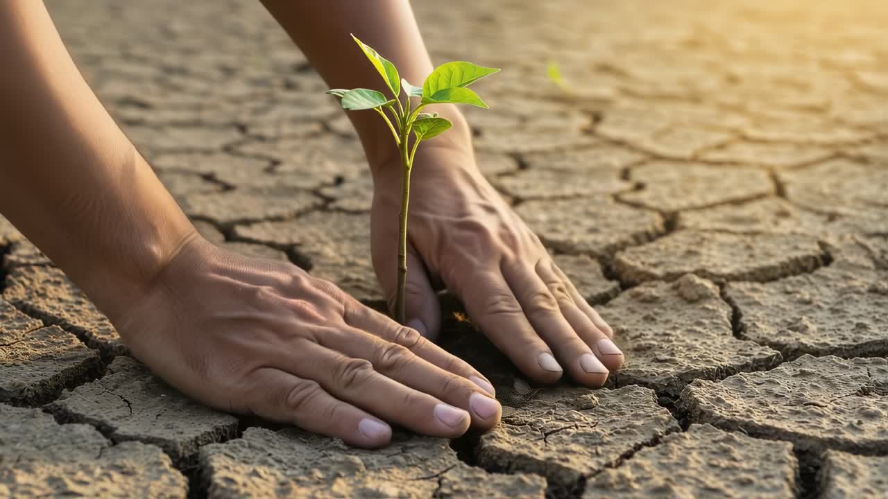 Hands carefully place a young tree in a small hole in parched soil under warm sunlight. This moment symbolizes hope and action against environmental challenges.