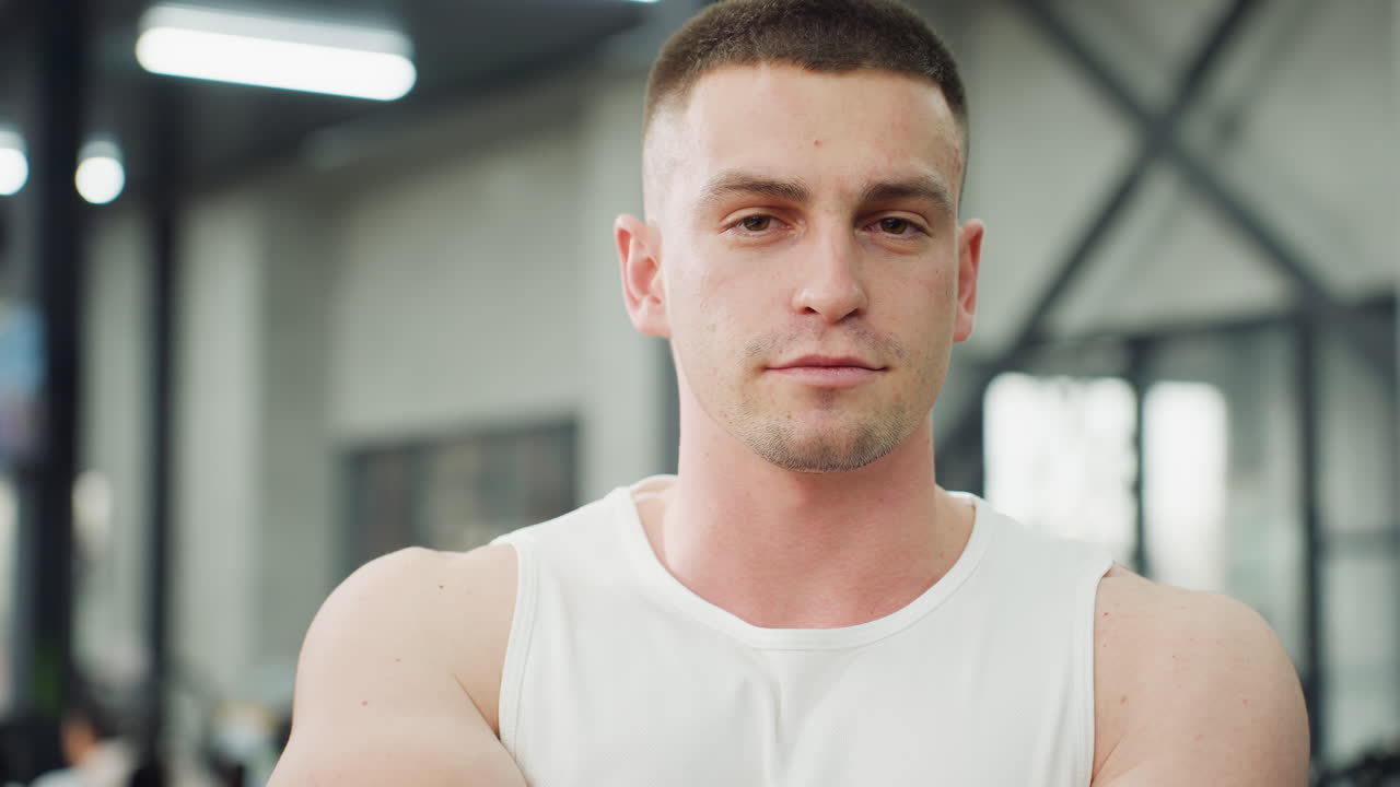Portrait view of fitness expert standing in modern gym, wearing white tank top, looking ahead with calm expression while overhead lights blur in background conveying healthy lifestyle focus