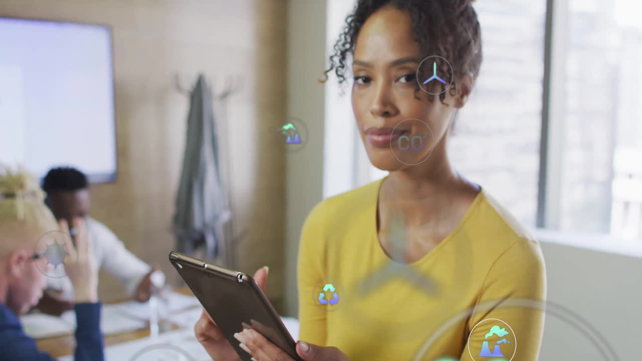 Woman using tablet with programming code and molecular structures overlay animation