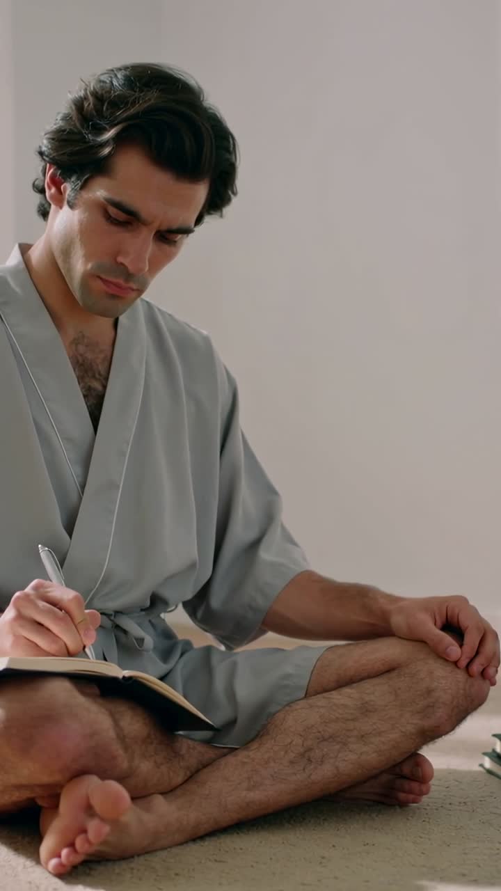 Uomo in vestaglia seduto per terra che scrive su un quaderno