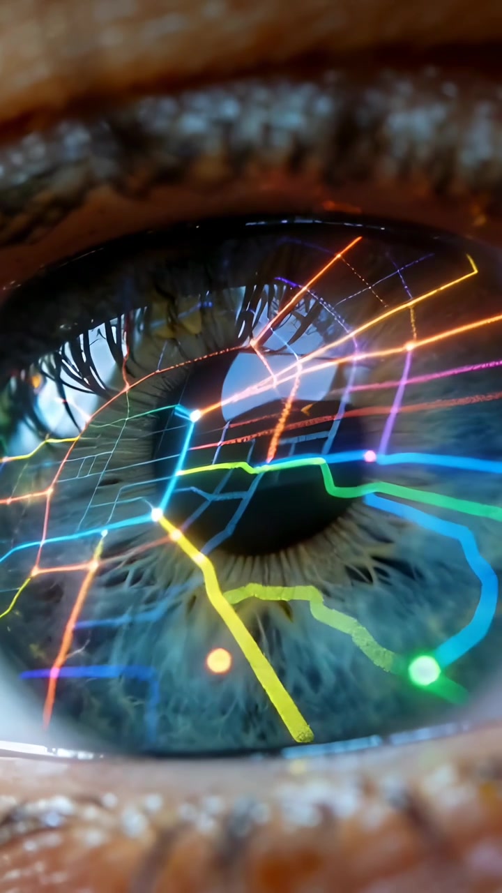 Vertical video: Receiving neon overlay, iris reflecting evolving HUD grid in closeup for testing