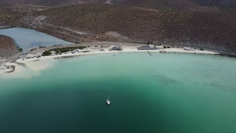 Playa-balandra,-crystal-clear-turquoise-waters-and-white-sandy-beach,-baja-california,-aerial-view