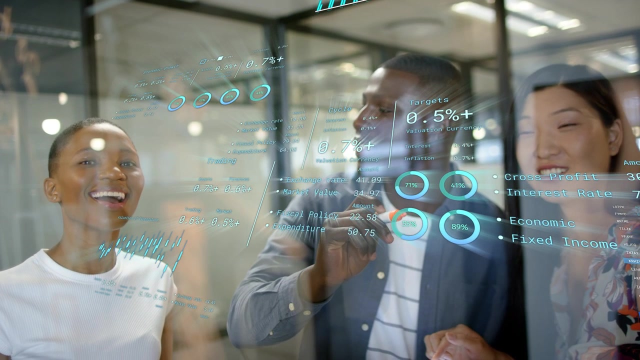 Center man reaching and using glass screen, tapping charts, updating rings, business team reviewing