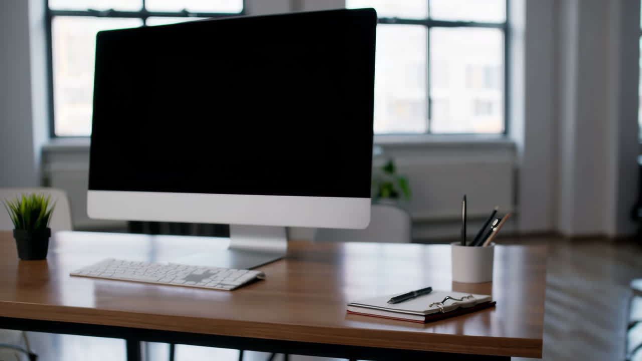 Modern Office Workspace with Green Screen Monitor