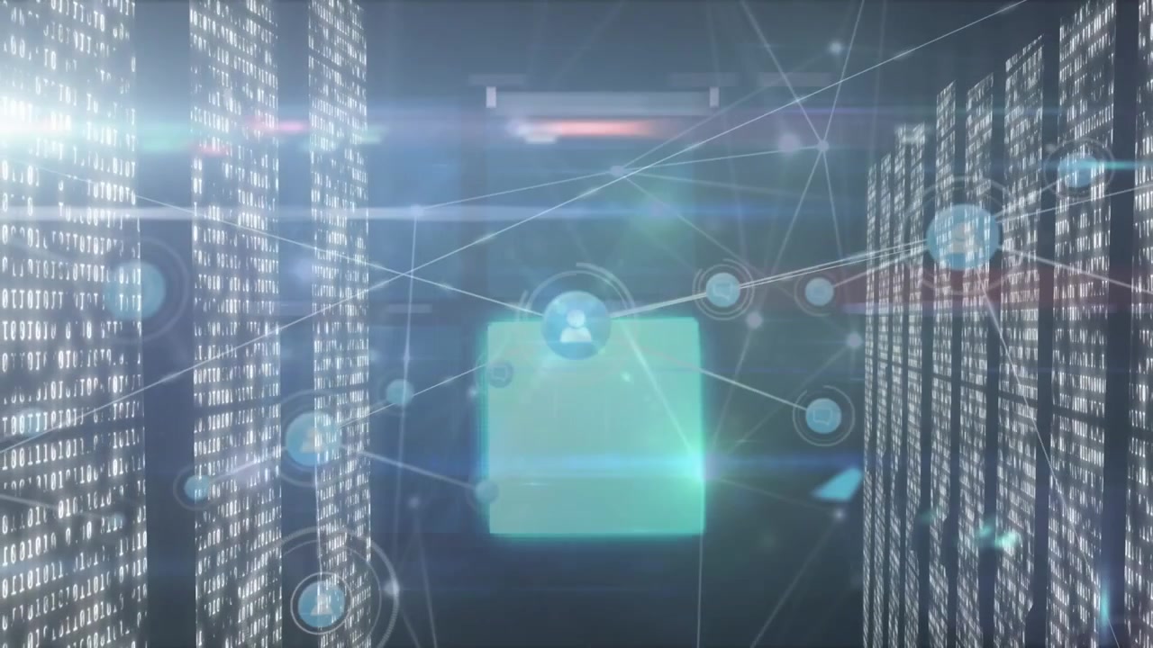 Animation of network of profile icons and screens of mosaic squares against grey background