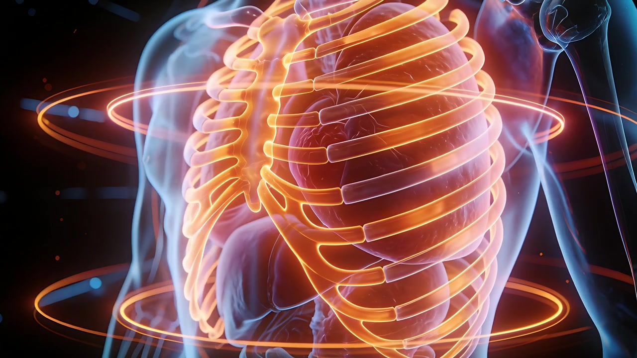 Starting 3D torso model pulsing thoracic rings in studio, highlighting glowing ribs for diagnosis