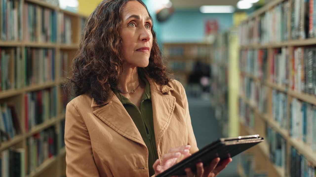 mujer usando una tableta en una biblioteca