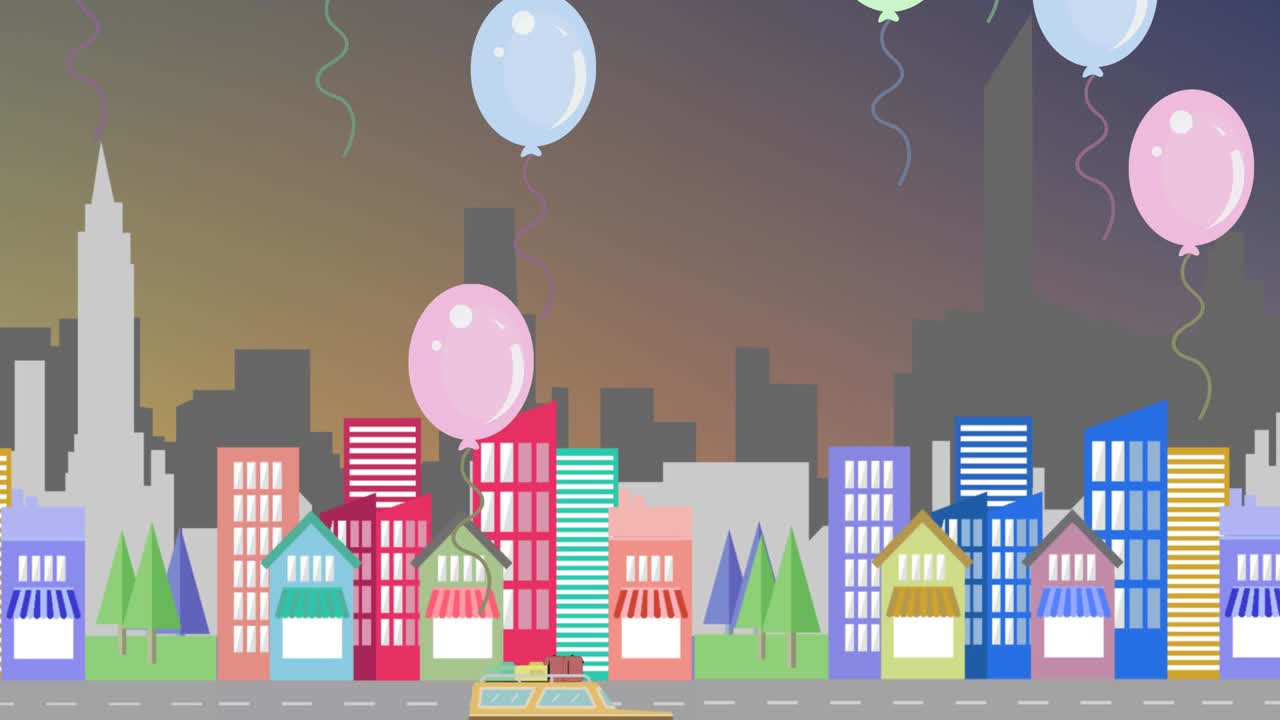 vários balões coloridos flutuando contra a paisagem urbana