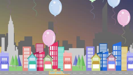 múltiples globos coloridos flotando contra el paisaje urbano