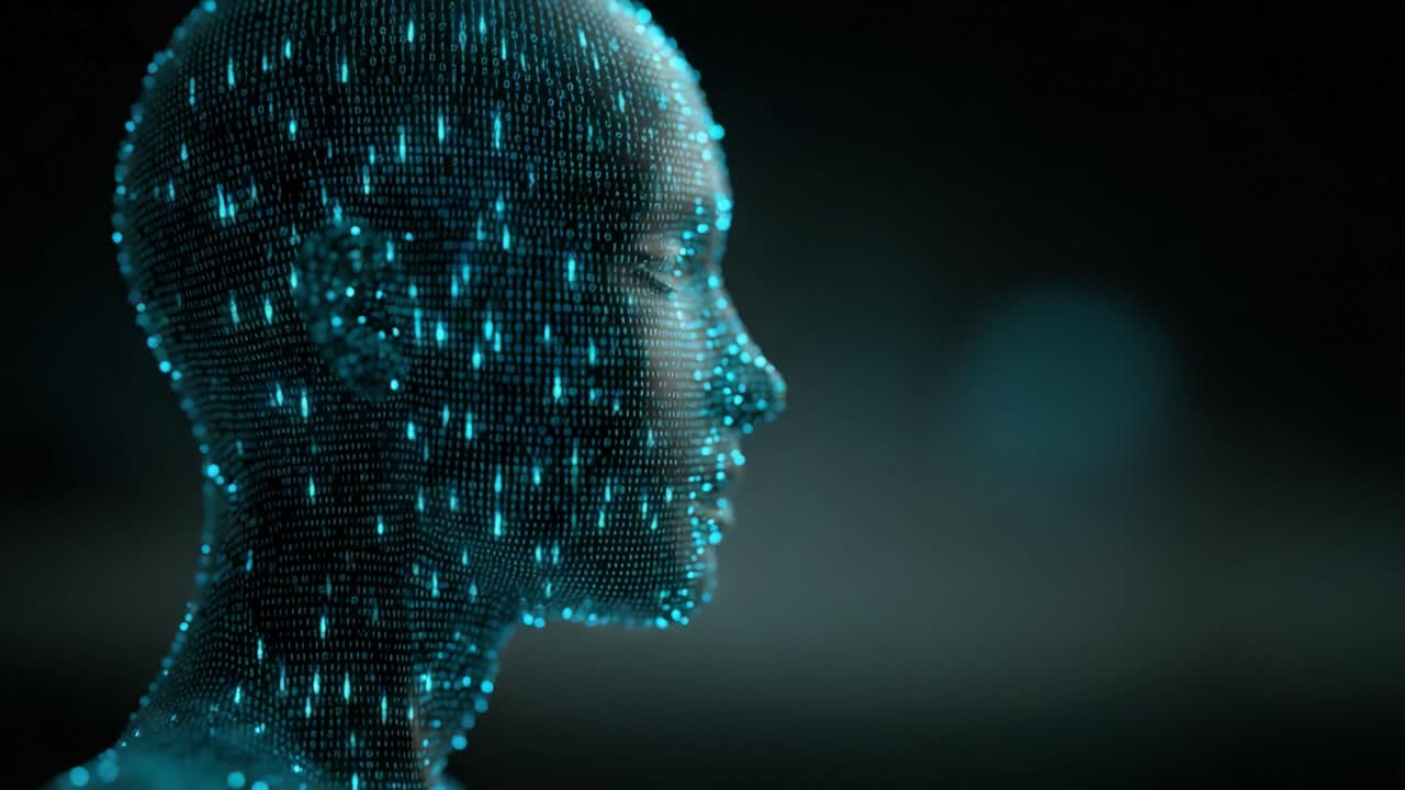 Digital human head forming from a binary code of zeros and ones, representing concepts like artificial intelligence, machine learning, deepfake technology, and the creation of a digital identity