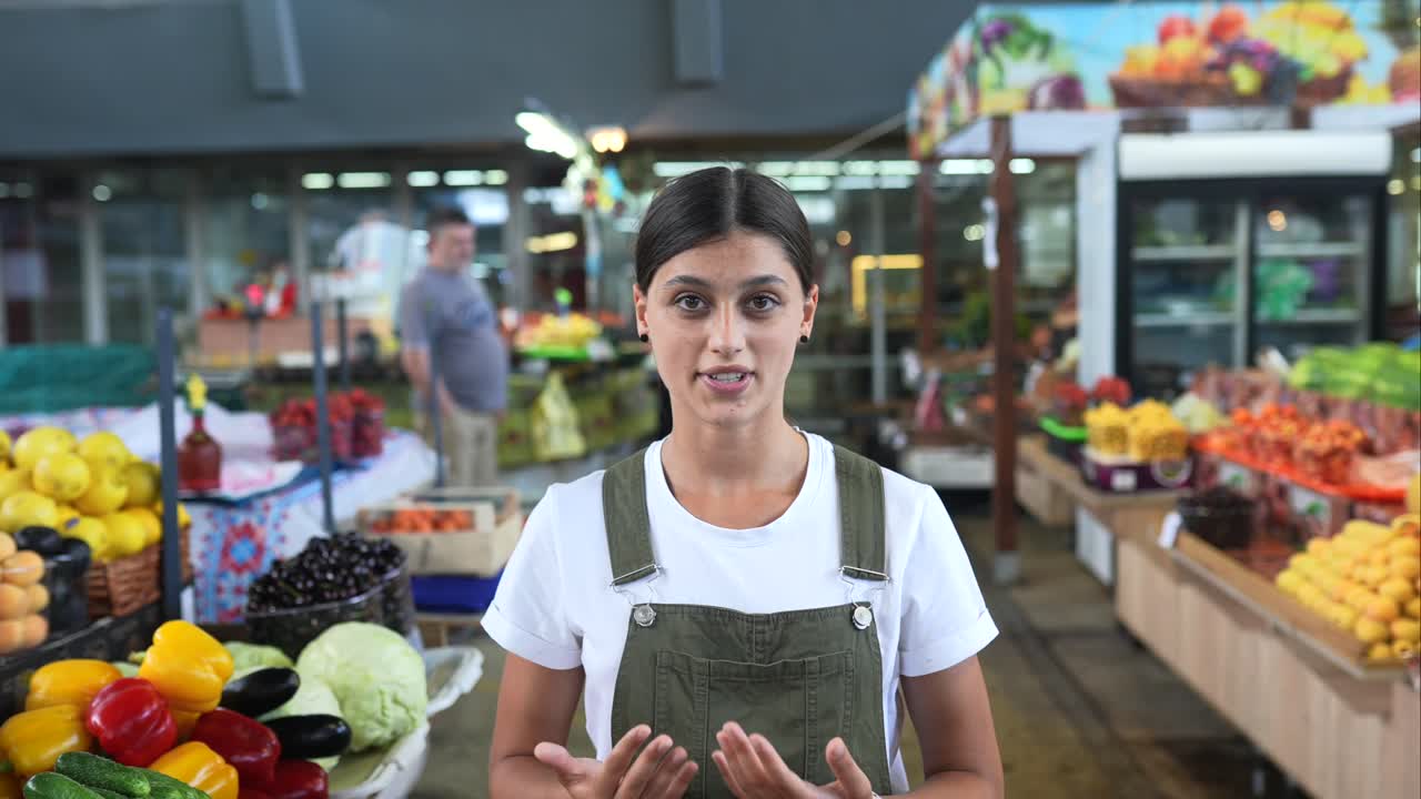 mujer hablando en un mercado de agricultores