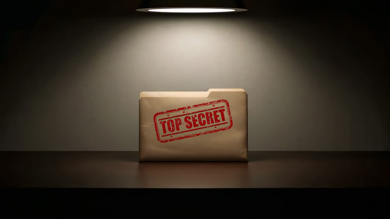 Showing manila file marked TOP SECRET on wood table under lamp, camera zooming, revealing secret