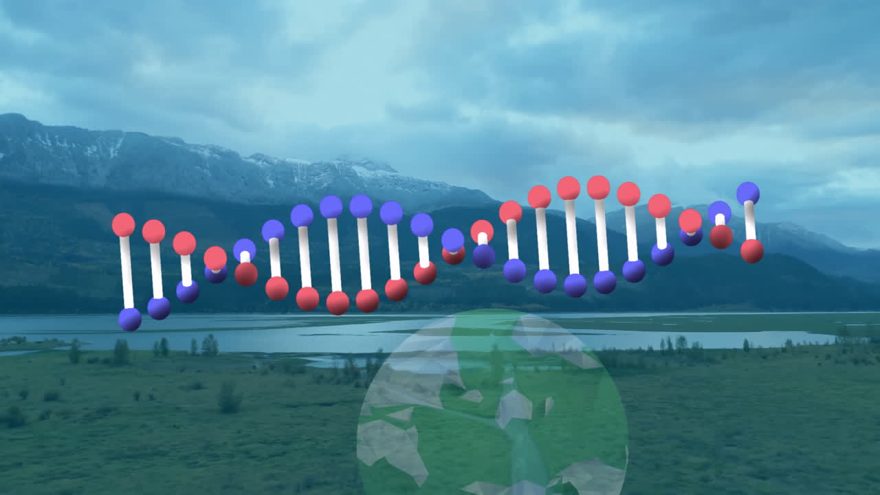 DNA strand and binary coding, scientific data processing animation over landscape