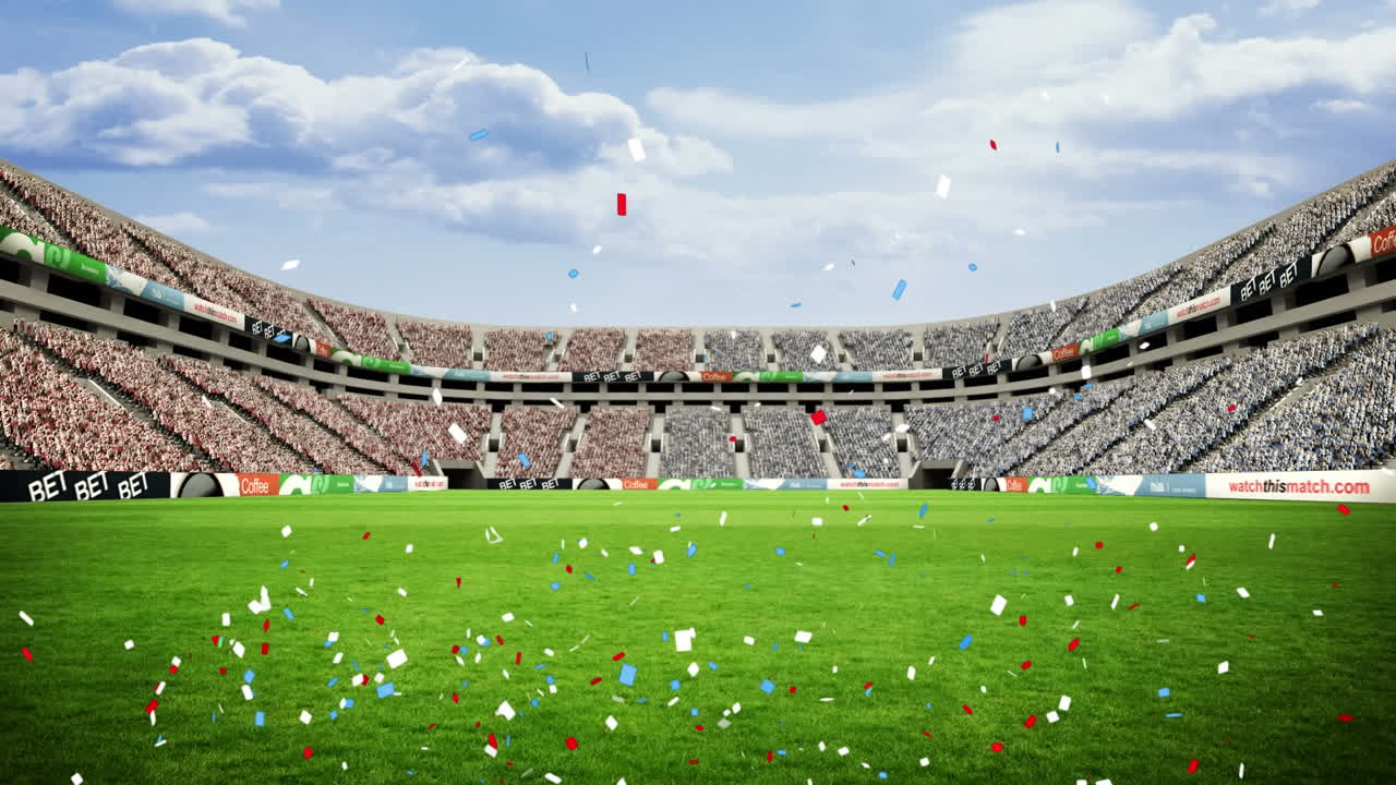 animación de confeti azul y rojo cayendo sobre el estadio deportivo