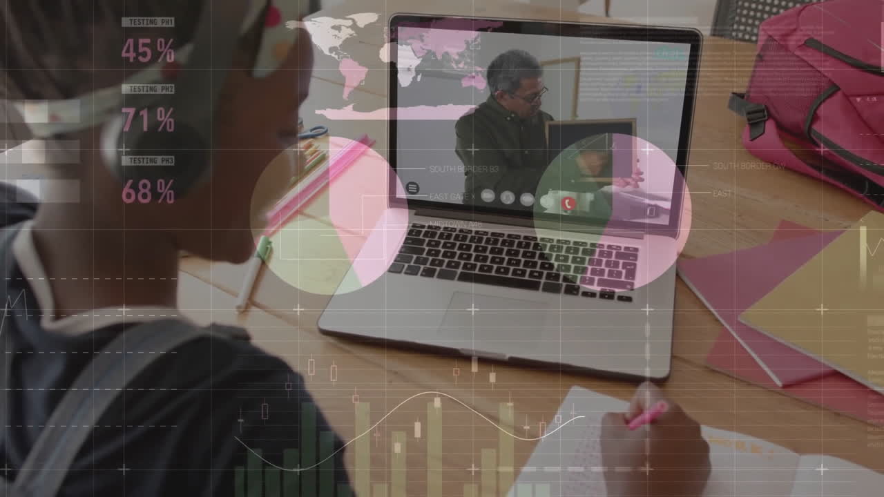 Animation of data processing over african american schoolgirl using laptop for online lesson