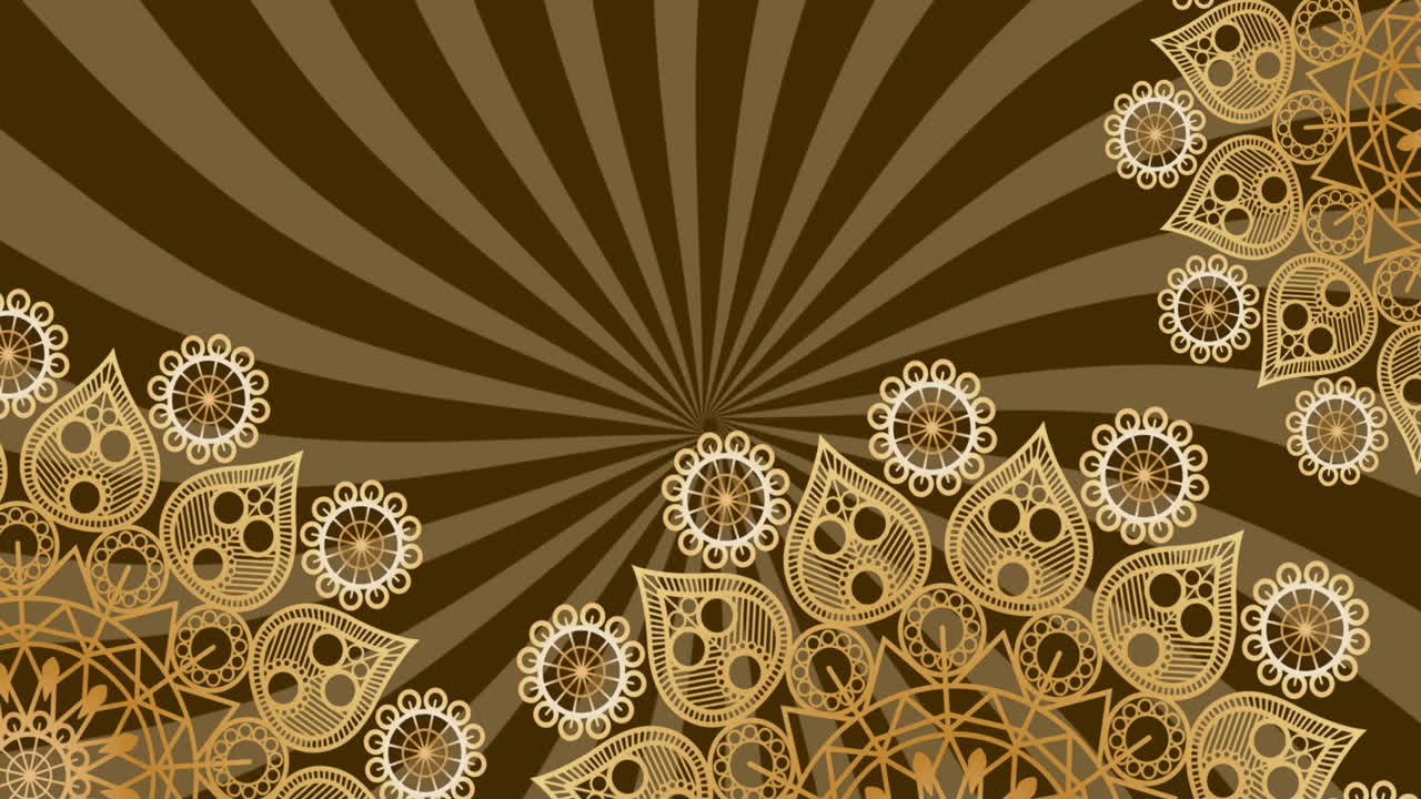 Animation of gold patterned circles spinning on blue and beige striped background