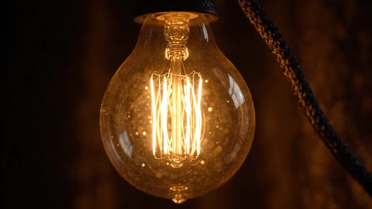 Una Lampadina Vintage Splendidamente Illuminata che Proietta una Luce Calda su uno Sfondo Scuro, Mettendo in Mostra un Design Unico del Filamento e un Accattivante Fascino Estetico