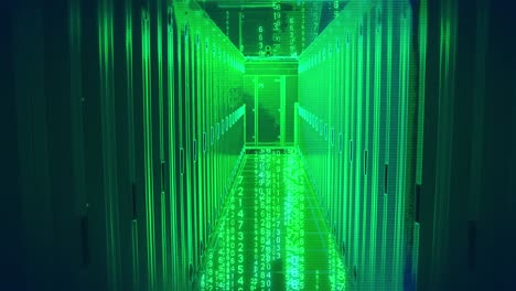 animation of binary coding over green neon server room