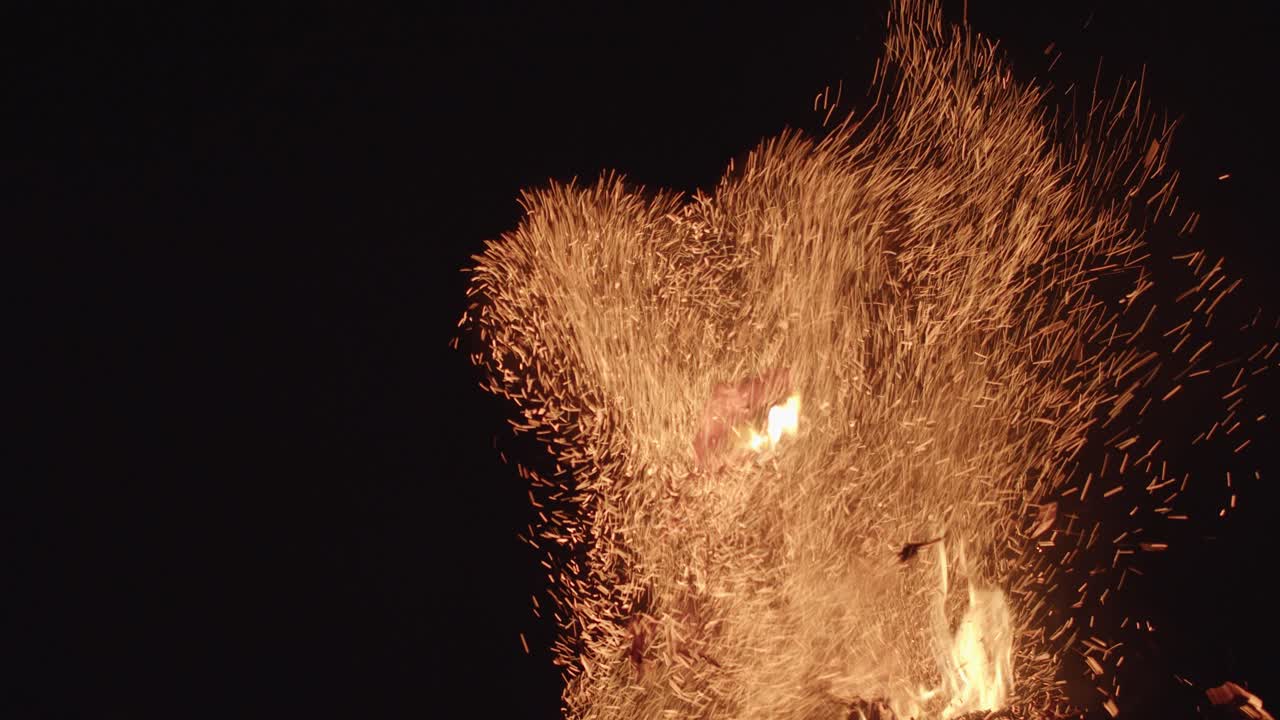 Big Fire Flames With Sparkles In The Air Black Background Dark Night 4K