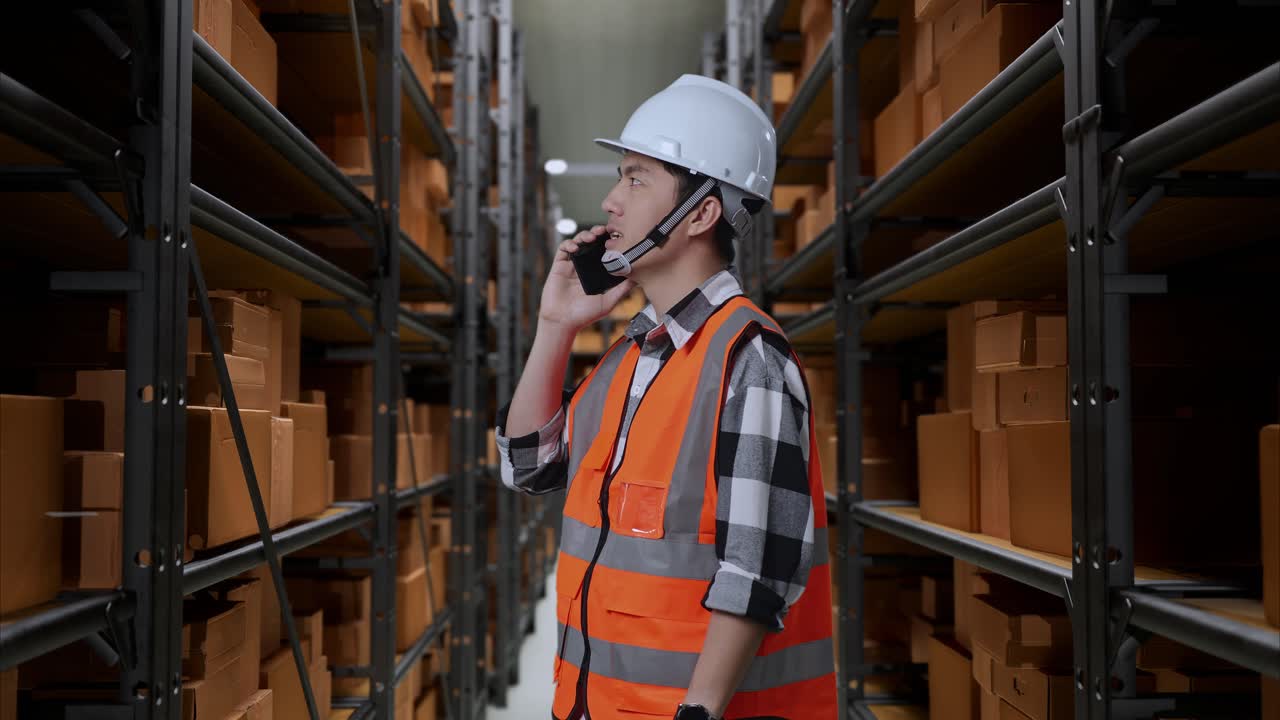 trabajador de almacén en el teléfono