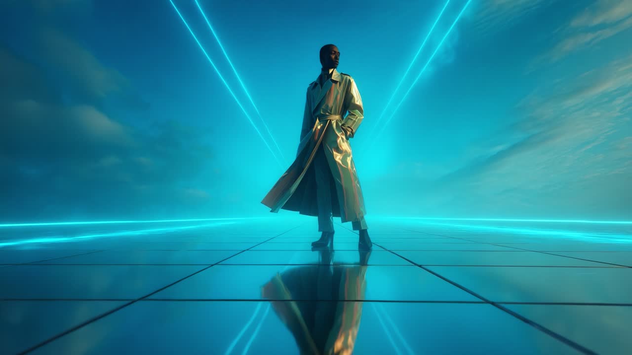 A solitary figure stands confidently in a futuristic landscape, donned in a striking long coat that flows gracefully as they are surrounded by vibrant blue light beams against a reflective surface
