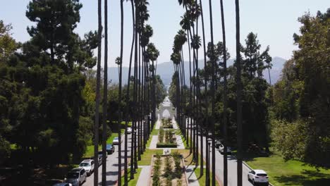 Aerial-drone-shot-of-iconic-palm-trees-in-Los-Angeles,-California