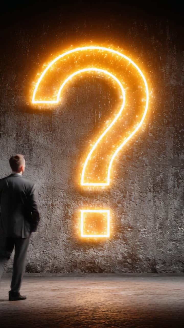 A Thoughtful Man Contemplates Life's Uncertainties, As He Stands Before a Glowing Question Mark on a Gritty Wall, Evoking Curiosity and Reflection on Choices Ahead