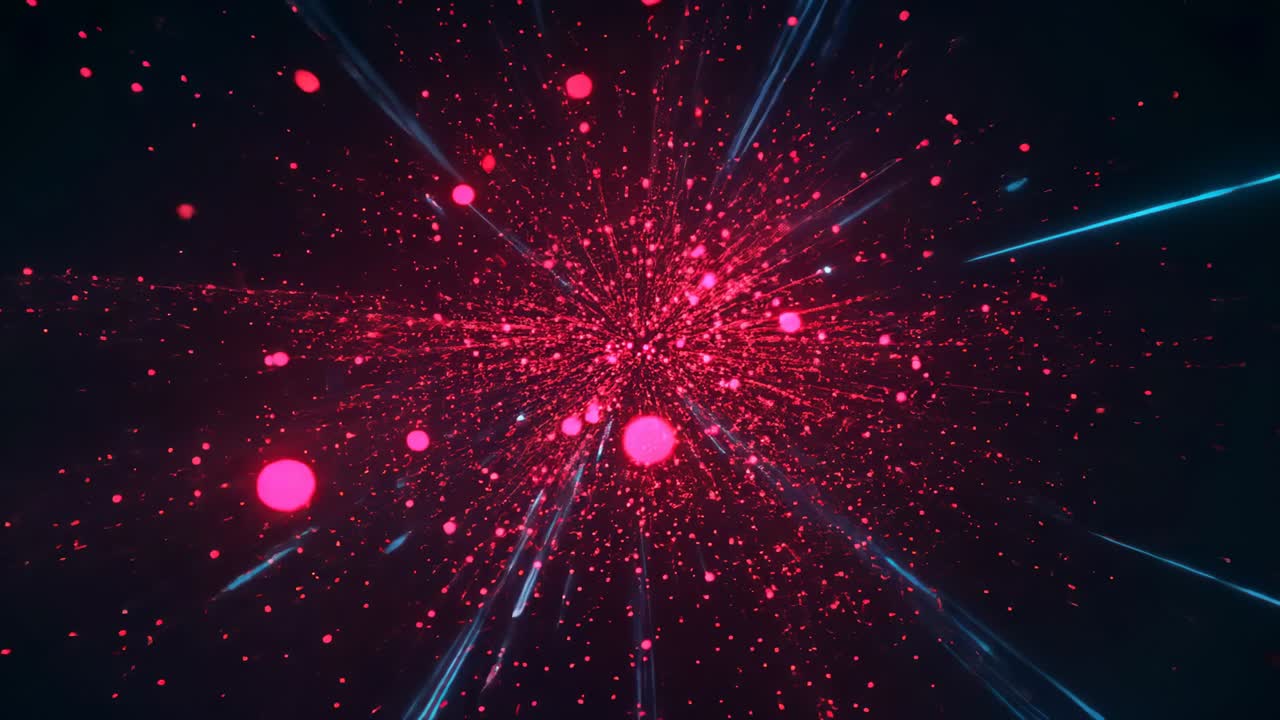 Swelling bright red cluster, shooting cyan streaks and orbs outward and forming starburst in void