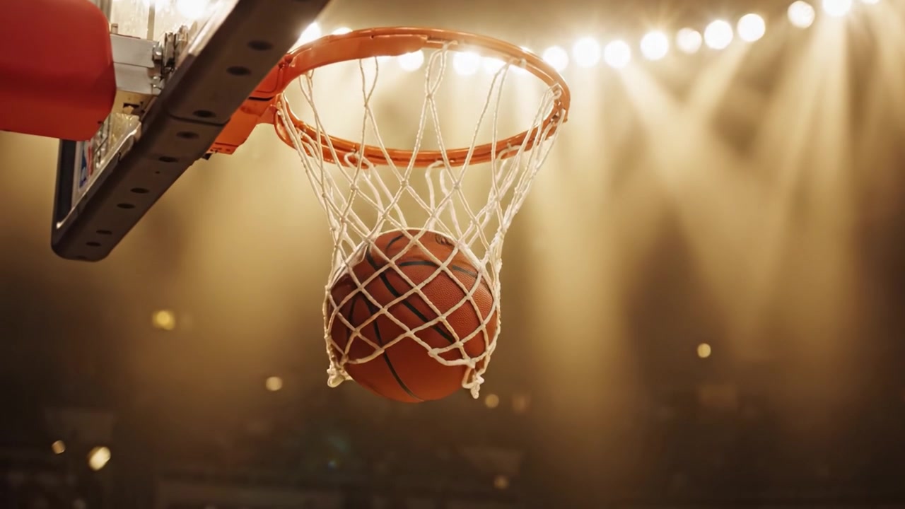 Primo piano mozzafiato di un canestro da basket circondato da un'illuminazione drammatica, che cattura l'essenza degli sport competitivi e l'intensa energia atletica.