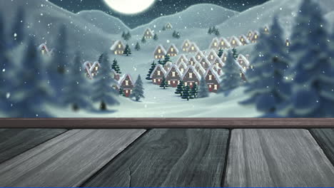 Animation-of-snow-falling-over-winter-landscape-and-wooden-board-surface