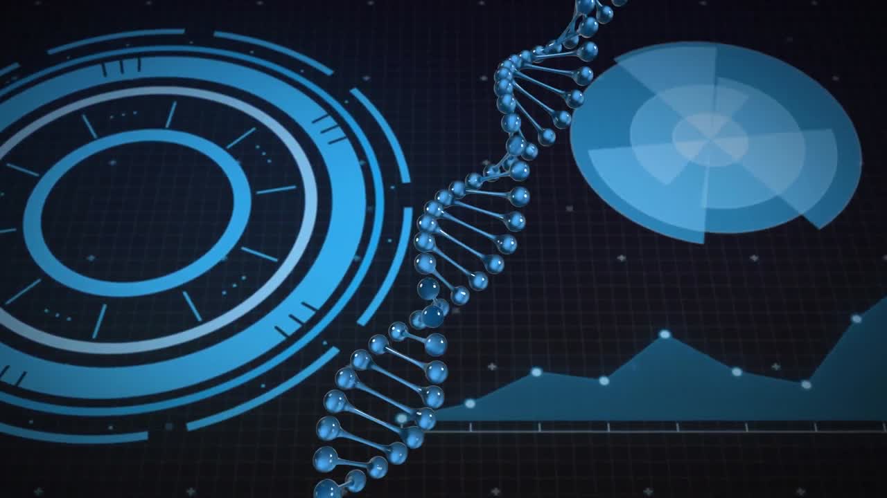 Animation of dna strand and scientific data processing over blue background