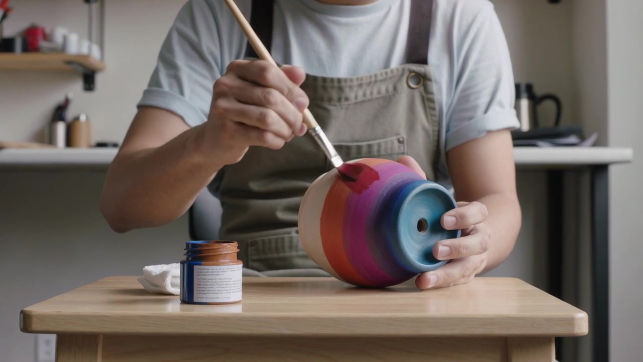 Artista asiatica che intinge il pennello nel barattolo di vernice, dipingendo un vaso a righe nello studio indossando un grembiule, aggiungendo rosso.