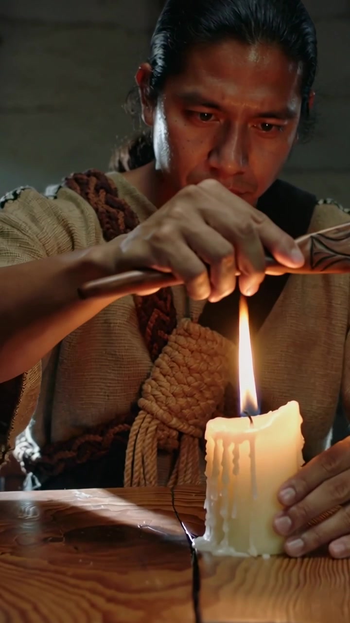 Vertical video: Leaning artisan wearing sash finishing paddle by heating over candle at wood table