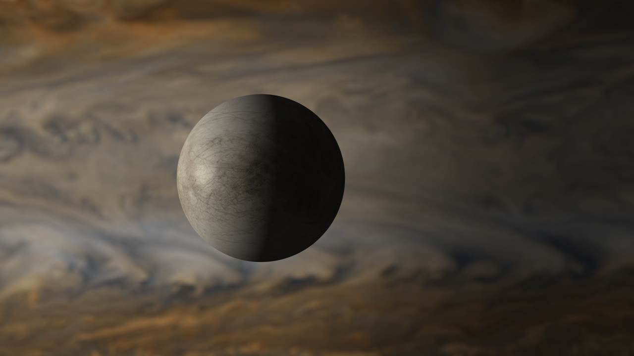 Europa Ice Moon with Oceans Below Orbiting Gas Giant Planet Jupiter with Swirling Patterns Across the Surface. Possible Habitat for Life in Solar System. 3D Science Animation ProRes 4K.