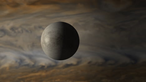 europa ice moon with oceans below orbiting gas giant planet jupiter with swirling patterns across the surface. possible habitat for life in solar system. 3d science animation prores 4k.