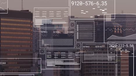 animación de interfaces con procesamiento de datos frente a una vista aérea del paisaje urbano