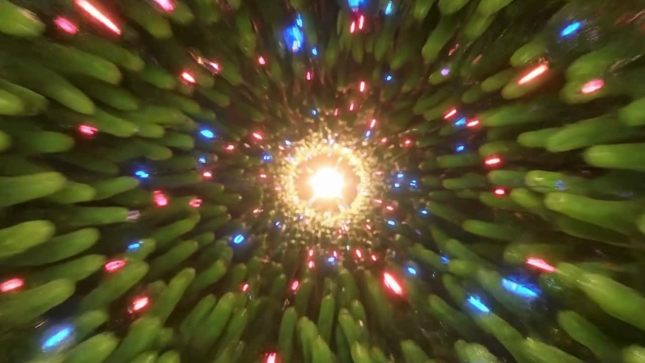 Fast motion through microscopic cellular tunnel with glowing particles showing dynamic biological and chemical reactions