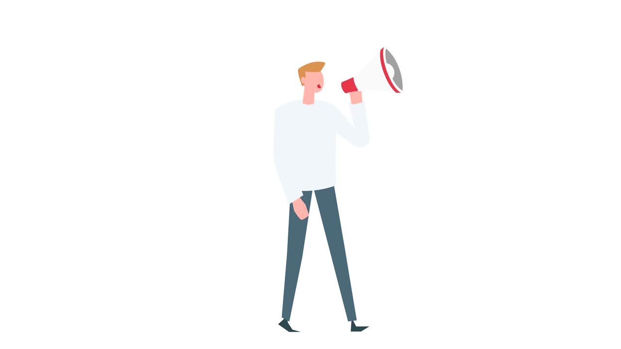 만화 평평한 다채로운 남자 캐릭터 애니메이션: 메가폰 상황과 함께 남성 기